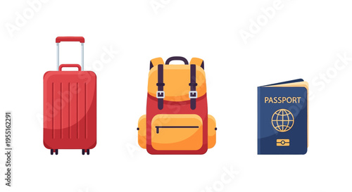 Travel essentials: luggage backpack and passport in modern design