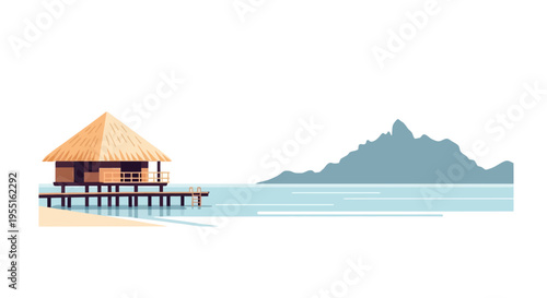 Tropical beach bungalow on tranquil island with mountain view in flat