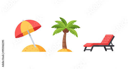 Beach scene with umbrella palm tree and lounge chair in flat design