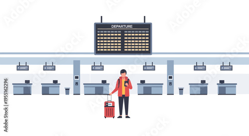 Traveler at airport check-in with departure board in minimalist style