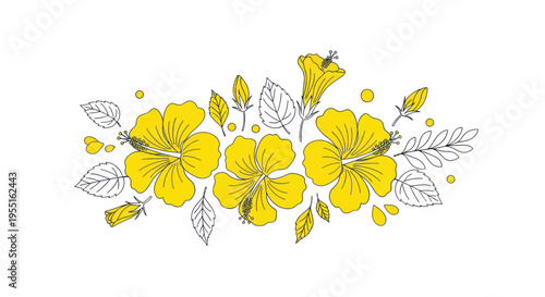Yellow Hibiscus Flowers Arrangement, Hand-Drawn Sketch Style, Tropical Floral Design