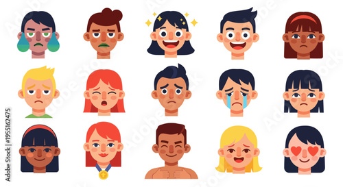 Diverse People Faces Expressing Different Emotions - Flat Design