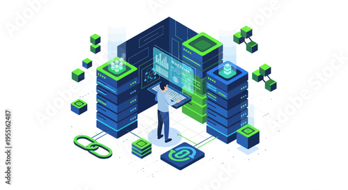 Data Center Server Room with Technician Analyzing Information