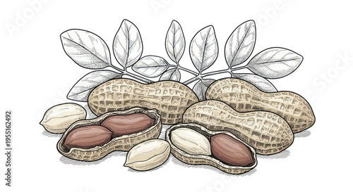 Hand-drawn illustration of peanuts in shells and shelled, with leaves, white background