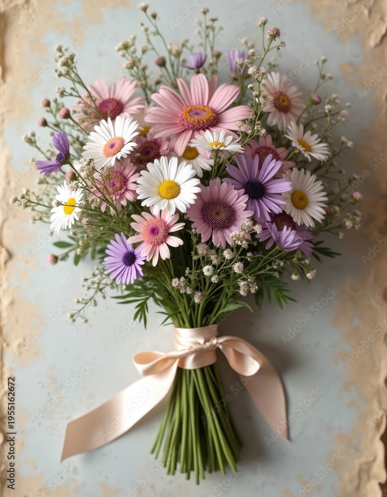 Obraz premium Mixed wildflowers in pastel pink purple and white hues arranged in a rustic bouquet. Stems tied with a pale peach ribbon against textured background. Perfect for spring decor or wedding celebration.