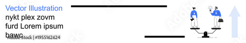 Business strategy, decision-making, equality, professional balance, comparison, teamwork. Two individuals on a balance scale with symbolic weight measurement. Business strategy and decision-making