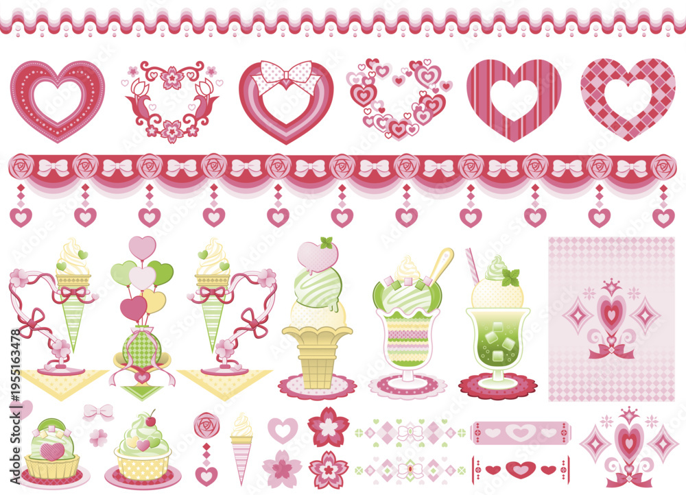 Fototapeta premium ハート装飾イラスト図案デザインセット「ハートモチーフとメロン味のスイーツ」ピンクとライトグリーン（Heart-shaped decorative illustration design set 