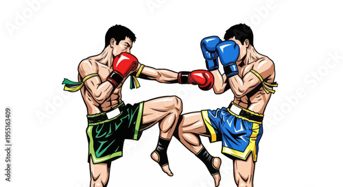Two Muay Thai Fighters in Action, Intense Kickboxing Match