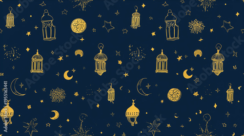Elegant seamless pattern featuring golden lanterns, stars, and crescent moons on a dark blue background, ideal for Ramadan, Eid, and Islamic celebrations.