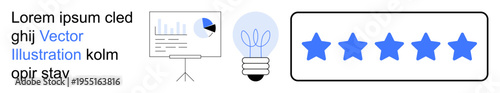 Business analytics, presentation tools, creativity, customer satisfaction, innovation, reviews. A presentation board, lightbulb and five stars. Business analytics and customer satisfaction theme