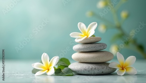 Stacked spa stones and plumeria flowers create a serene scene. Balanced pebbles and white blossoms signify wellness and peace. Soft natural elements offer calm and quiet.
