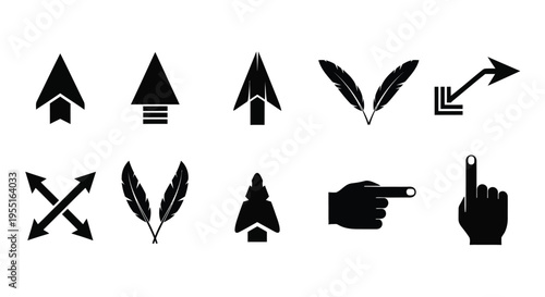Collection of black silhouette icons depicting arrows feathers and a pointing hand