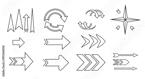 Collection of various black and white line art arrows and directional symbols