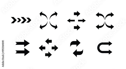 Collection of black arrow icons depicting various directions and movement styles