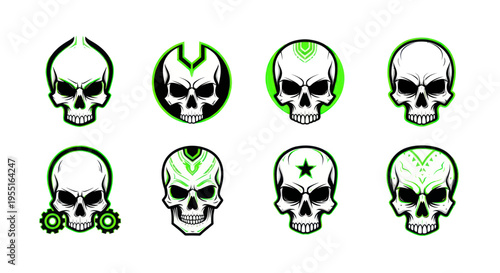 Collection of stylized skulls with green accents, graphic design elements