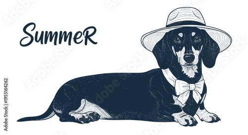 Dachshund Dog Wearing Summer Hat and Bow Tie, Hand-Drawn Illustration