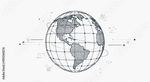 Global Network Connection, Digital Earth Wireframe with Data Flow on White Background