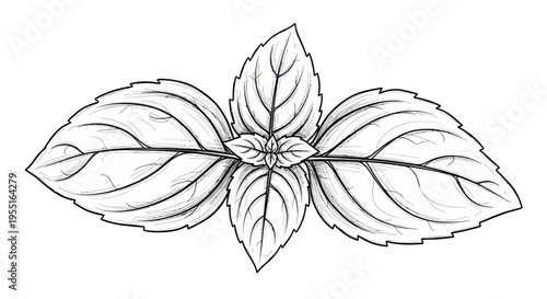 Hand-drawn sketch of fresh basil leaves, isolated on white background