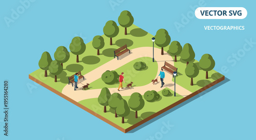 Isometric park scene with people walking dogs and sitting on benches
