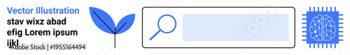 Artificial intelligence, search tools, sustainability, technology, research, data processing. ion of a leaf, magnifying glass icon and neural processor symbol. Sustainability and AI concepts