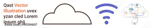 Cloud computing, wireless technology, data management, internet services, network solutions, digital communication. Cloud icon, wireless symbol and digital network connections. Cloud computing