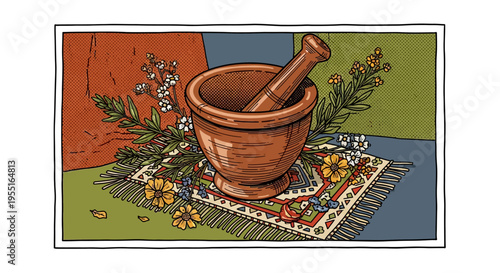Vintage mortar and pestle on patterned rug with floral accents in pop art style