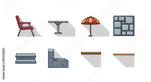 Minimalist outdoor furniture and elements in flat design with long shadows