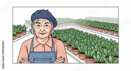 Elderly woman in nursery surrounded by succulents in pop art style