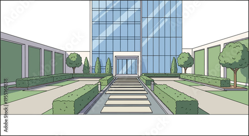 Modern glass office building facade with minimalist landscaping in daylight