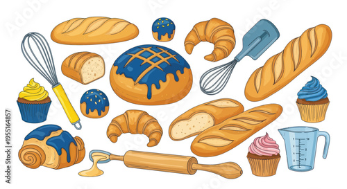 Assortment of Fresh Baked Goods and Baking Utensils
