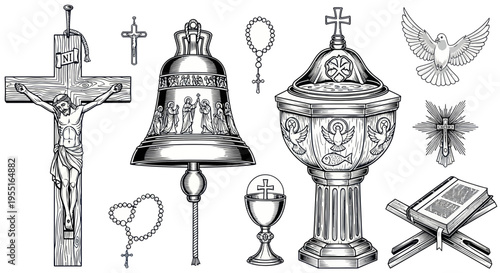Christian Religious Symbols: Cross, Bell, Font, Bible, Rosary, Dove