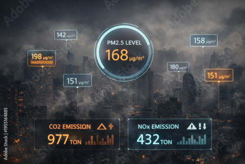 Air pollution data visualization over cityscape showing PM2.5 levels, hazardous air quality, CO2 and NOx emissions, and particulate matter concentration micrograms per cubic meter, creating somber