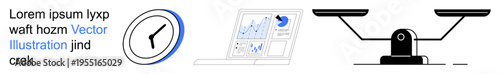 Business growth, time efficiency, balance, analytics, decision-making, productivity. Clock, laptop with charts and weighing scale . Time efficiency and business growth concept