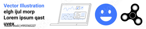 Digital analysis, office tools, playful icons, modern design, vector graphics, user interface. Laptop displaying graphs, blue happy face and fidget spinner. Digital analysis and office tools concept