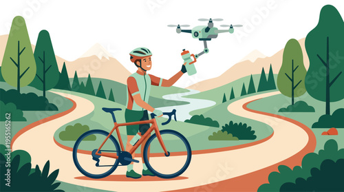 Man Riding Bicycle with Drone.