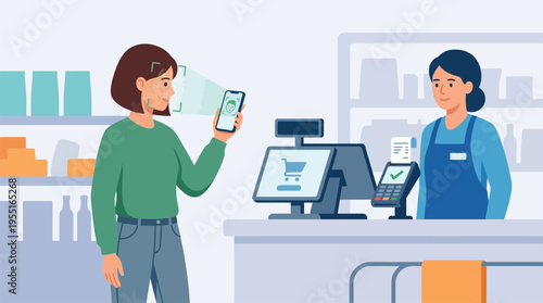 Woman showing phone to cashier.