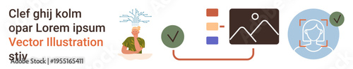 Identity verification, digital decision making, authentication, user profiling, data validation, online security. Illustrations of identity, approval and photo sorting tools. Identity verification