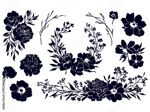 Set of various flowers and branch in silhouette or linocut drawing style. Luxury floral collection
