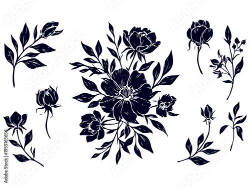 Set of various flowers and branch in silhouette or linocut drawing style. Luxury floral collection