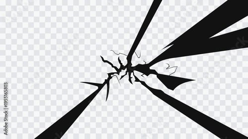 Abstract crack burst with sharp rays and fracture lines isolated on transparent background. Impact effect with energy and breaking force for design, games, and visual effects.