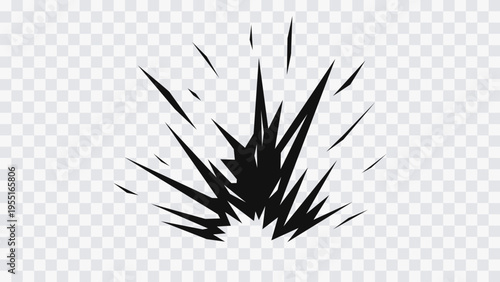 Abstract black explosion burst with sharp dynamic lines and shards isolated on transparent background. Energy impact effect in minimal style for design, games, and comic visuals.