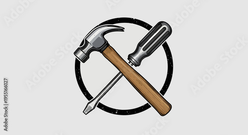 Crossed hammer and screwdriver over circular background, vector illustration of tools, graphic design, handyman symbols, simple flat layout