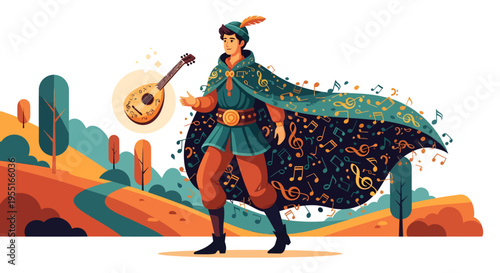 Illustrated Young Boy Playing Guitar Outdoors, Vibrant Flat Vector Character Design, Smiling with Musical Notes, Minimal Detail Landscape View