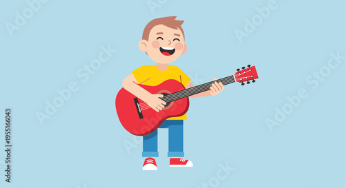 Young boy playing guitar with joy in flat vector character design, pastel tones, simple round shapes, isolated on blue background illustration