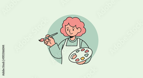 Creative Artist Painting with Palette and Brush in Cozy Art Studio, Digital Illustration, Friendly Environment, Front View, Artistic Concept