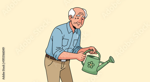 Elderly man gardening with watering can nurturing plants in home garden illustration, lifestyle activity, front view concept inspired by Untitled(16).eps
