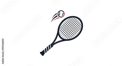 Tennis racket hitting ball in mid-air, isolated on white background, flat vector graphic, sports equipment, minimalist viewpoint