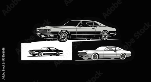 Classic Muscle Car Illustration Set, Graphic Design, Black Background, Side and Front Views, Sleek Automotive Concept