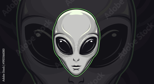 Close-up Alien Face Illustration with Large Black Eyes in Dark Background, Digital Graphic Art, Sci-Fi Concept, Mysterious Extraterrestrial View