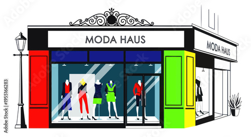 Moda Haus Fashion Store Facade with Mannequins Displaying Trendy Outfits